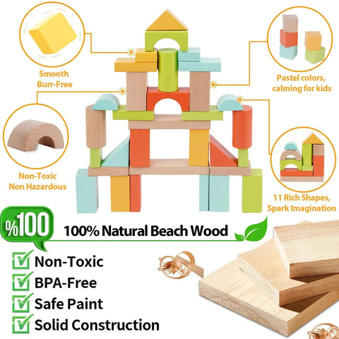 Wooden Building Blocks Set For Toddlers Ages 1 To 3, 100 Pcs With Storage Drum And Shape Lid, Sorting And Stacking Montessori Toys