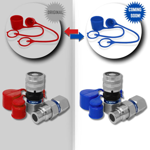 TL22 hydraulic quick-connect coupling set with 1/2 in body, 3/4 in SAE O-ring BOSS thread, ISO 16028, red and blue dust caps