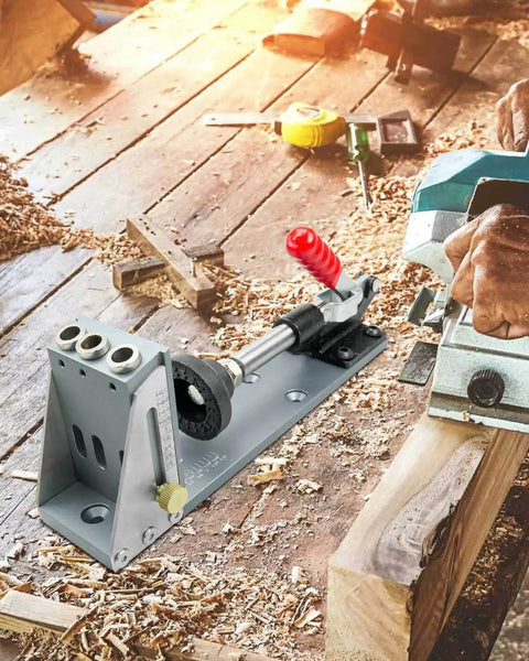 Pro Grade All Metal Pocket Hole Jig Kit For Woodworking, Heavy Duty And Pro Ready on a workbench with woods and tools visible