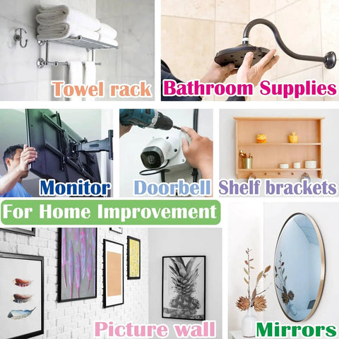 Collage of home improvement items including towel rack, bathroom supplies, monitor mount, doorbell drill, and mirror.