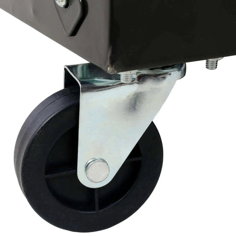 Close-up of wheel on Six-Tier Dual-Sided Storage Organizer Rolling Bin Rack With Sixty Plastic Bins, Heavy-Duty Steel Frame On Wheels