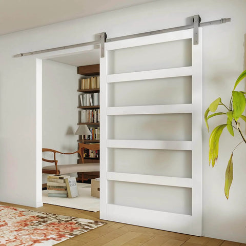 8ft Sliding Barn Door Hardware Kit With Double Rails 4ft Each Satin Nickel Stainless Steel Track For 48 Inch Wide Doors installed