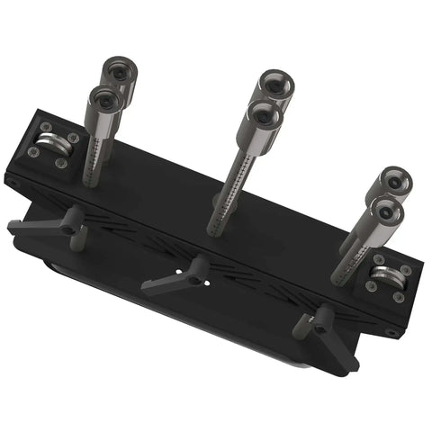 Top view of Three Station Edge Roller Bending Angle Tool, Pro Grade Workhorse for Sheet Metal with adjustable rollers and levers.