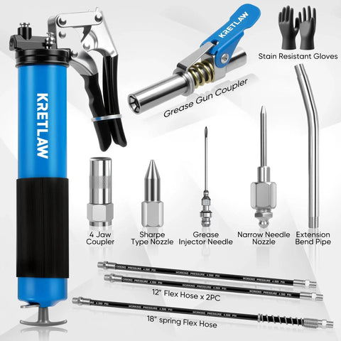 Heavy Duty 7000 PSI Pistol Grip Grease Gun Kit with hoses, injector needles, couplers, and reinforced gloves, KRETLAW brand.
