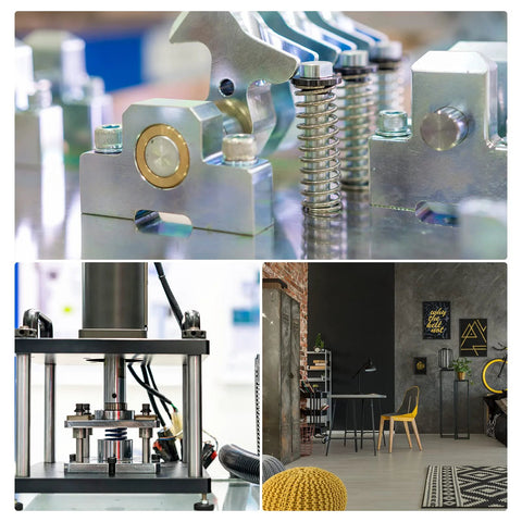 METALLIXITY compression springs, 0.3x4 mm OD, 10 mm free length, 20 pcs, 304 stainless steel
Industrial press with spring-loaded tooling and steel frame
Modern home office interior with yellow chair, brick wall, and art