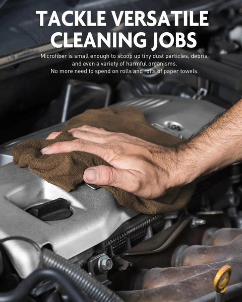 Cleaning car engine with Tear-Away Microfiber Cleaning Cloth Roll 12-Inch Reusable 75 Pack, ideal for versatile jobs.
