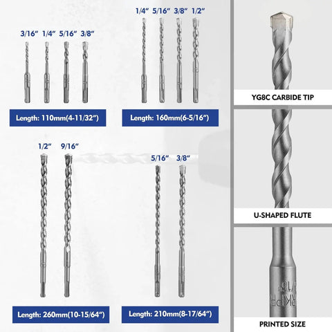 17 Piece SDS Plus Rotary Hammer Drill Bit And Chisel Set With Storage Case By Workpro includes carbide tipped masonry bits