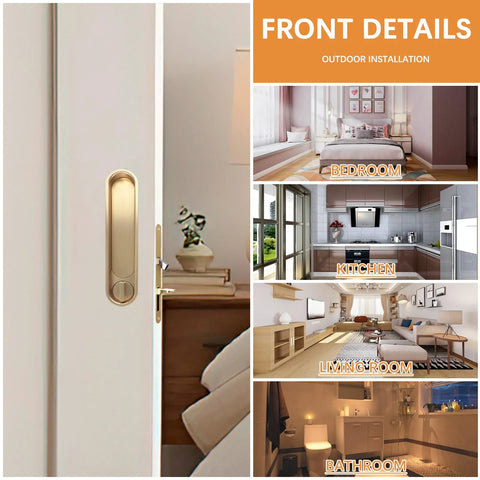 Pocket Door Lock Hardware Set With Privacy Handle, Hidden Pull And Recessed Latch, Easy Install For 1.77 To 2 Inch Thick Wooden Doors, Circular Gold Finish, shown installed in various rooms.