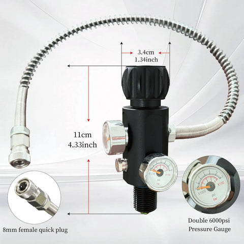 Amazon M18x1.5 paintball fill station with dual gauges, black valve body, chrome fittings, 20in high-pressure hose