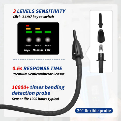 Advanced HVAC Leak Detector for Halogen Gas Leaks and Freon Alarm LCD Display Detects R22 R410A R134A R1234yf With Three Sensitivity Modes Up To 0.1 Oz Per Year probe illustration