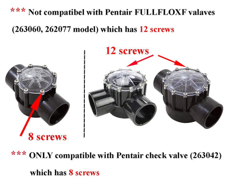Front view of ATIE pool check valve rebuild kit for Pentair 263042; black PVC valve with clear lid and 12 screws
