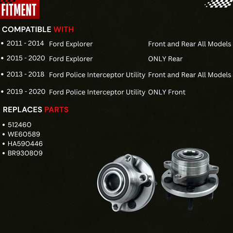 Heavy Duty Front And Rear Wheel Hub Bearing Assembly For Explorer Police Interceptor Utility 2011 2012 2013 2014 2015 2016 2017 2018 5 Lug With ABS OE Replacement 512460 HA590446 BR930809 Drop In Ready view showing hub assemblies