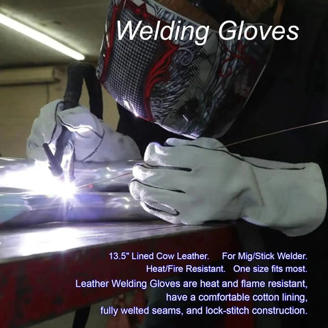 Complete MIG Welding Tool Set With Chipping Hammer And Leather Gloves 13.5 Inch Soapstone Holder 50Lb Welding Magnets Welpers Pliers MIG Nozzle Reamer And Wire Brush For Metal Fabrication being used by welder.