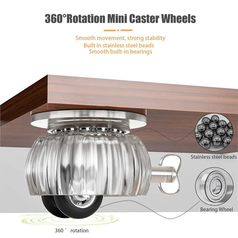 Close-up of self adhesive caster wheel installation with stainless steel beads, showing 360-degree swivel design and brake feature.