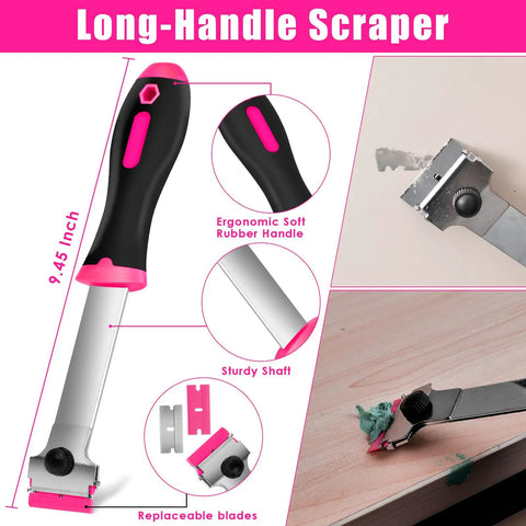 Pink Razor Scraper Kit With 3 Scrapers And 45 Replacement Blades Including 15 Metal And 30 Plastic Blades, ergonomic handle