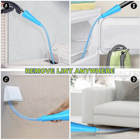 Dryer vent cleaning kit, blue flexible hose and nozzle, front view

Dryer vent cleaning kit hose inserted into dryer door, blue nozzle, side view

Dryer vent cleaning wand cleaning outdoor wall vent, blue hose, exterior view

Dryer vent cleaning kit in use along living room floor, blue hose near sofa