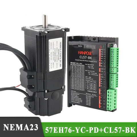 Two-item front view: NEMA23 servo motor and HanPOSE CL57-BK closed-loop driver with brake