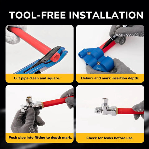 Step-by-step installation guide for Push Fit One Half Inch PTC To Three Eighths Inch OD Compression Straight Stop Valve For Toilet And PEX Copper CPVC Lines No Solder Or Glue Brass Fitting With Quarter Turn And Disconnect Clip For Quick Maintenance And Emergency Shutoff.