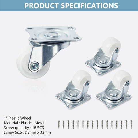 1" Low Profile Caster Wheels Set of 4 - Quiet Polyurethane Casters for Furniture, 360° Swivel Plate Design, Each Holds 22 lbs, Smooth Rolling, No Noise