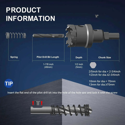 Diagram of Heavy Duty Carbide Hole Saw Kit One And One Quarter Inch With 2 Pilot Bits for stainless steel, metal, and plastic.