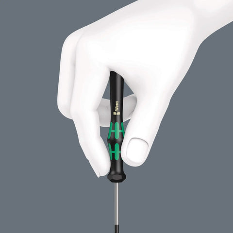 Close-up of hand holding Pro Grade Kraftform Micro Precision Screwdriver Set For Electronics In A Rugged Roll Bag, 25-Piece Wera