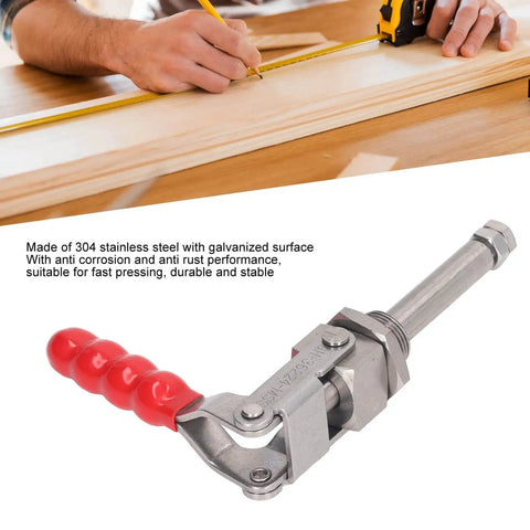 180 Degree Quick Release Push Pull Toggle Clamp with 701 lbs Holding Capacity, 66.8mm Stroke, showcased on woodworking table