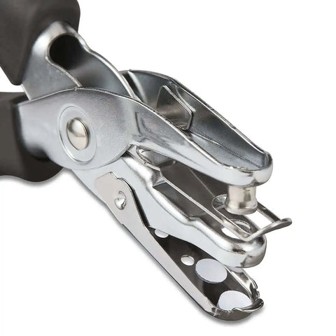 Handheld One Hole Punch delivers clean quarter inch holes with a five sheet capacity, durable nickel plated steel construction, and easy quick punching