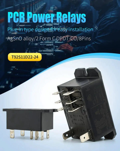 24V DC DPDT Power Relay With 8 Pin Quick Connect Top Sealed 30A Rating Two Form C Contacts PCB design shown in industrial setting