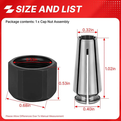 Diagram of Pro Grade Self Releasing Collet And Locking Nut Assembly 1/4 Inch Replacement Part showing precise measurements.