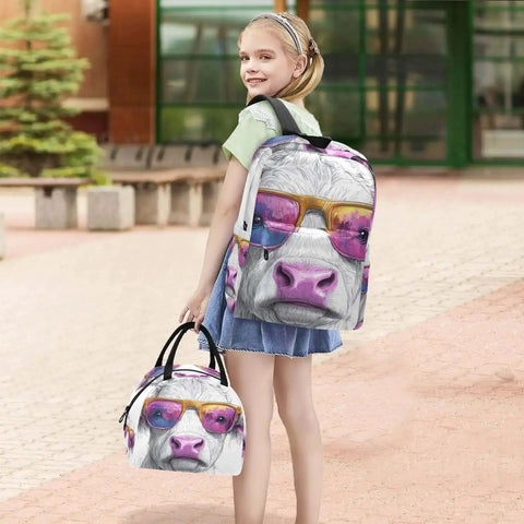 Girl wearing Dope Cow Print Sunglasses Portrait Backpack With Insulated Cooler Lunch Box And Scratch Resistant Nylon Multi Pocket Design