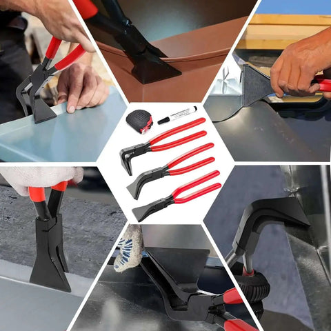 Three Piece Sheet Metal Bending Pliers Set With Straight 45 Degree And 90 Degree Jaws For Bending And Flattening Includes Storage Case Marking Pen And Measuring Tape