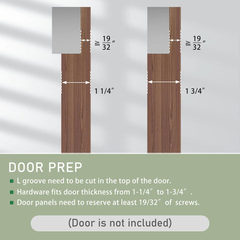 Diagram showing door prep for concealed barn door hardware kit with soft close, indicating groove and screw placement for invisible track mounting.