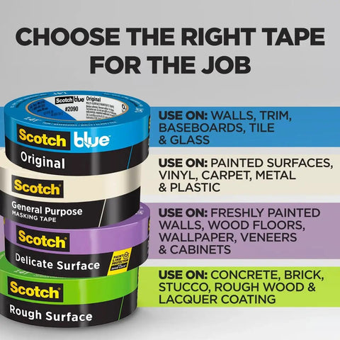 Different types of Scotch tape rolls for various surfaces, featuring original, general purpose, delicate surface, and rough surface tapes.