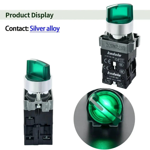 Front and side view of 10 Amp 3 Position Rotary Switch With Green LED Light, 22mm Mounting Hole, IP65 Waterproof, metal head, industrial use.