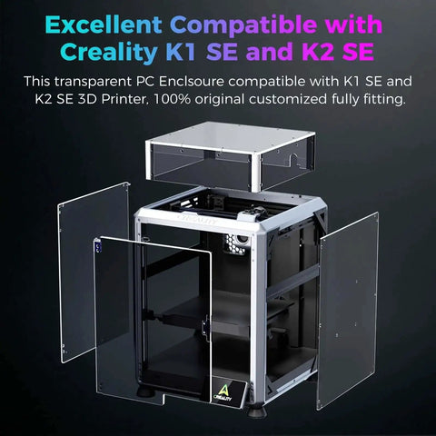 K1 SE And K2 SE 3D Printer Enclosure With Transparent Dustproof Cover open view showcasing snap-on fit and protective features.