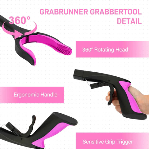 Close-up of pink 2 Pack 32 Inch GrabRunner Reacher Grabber Tool with 360° magnetic swivel head, ergonomic handle, and grip trigger.