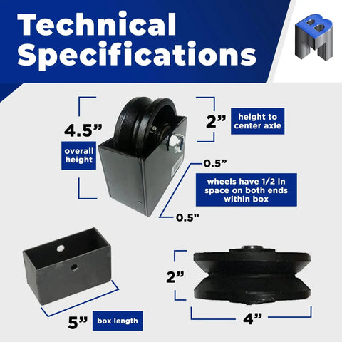 Technical specifications of 4 Inch Cast Iron V Groove Wheel With Roller Bearing For Residential Gates showing measurements.