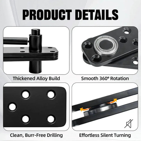 Product details showing Hidden Pivot Door Hinge Kit For Bookshelf Doors With Silent 360 Rotation Heavy Duty Concealed Hardware
