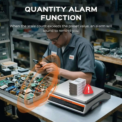 Man operating 30Kg Digital Counting Scale With 0.1g Precision, Battery Powered Industrial Scale for small parts and tickets