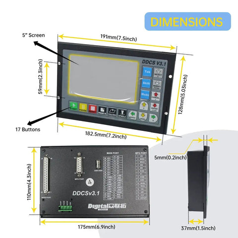 Dimensions and design of the 4 Axis Offline Standalone CNC Motion Controller System DDCSV31 with 5-inch screen and ports.