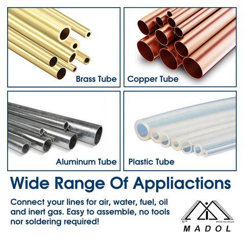 Brass compression fitting ferrule sleeve for 5/8 in tube OD; collage shows brass, copper, aluminum and plastic tubes; MADOL.