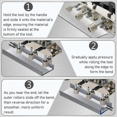 3 Station Roller Bender For Sheet Metal, Adjustable 0 To 90 Degree Bending Angles, showing usage instructions