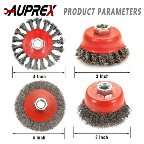 Four Pack Wire Wheel And Cup Brush Set For Four And A Half Inch Angle Grinder With Five Eighths Inch Eleven Threaded Arbor