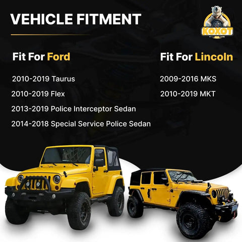 Vehicle fitment guide for Ford Taurus, Flex, Police Interceptor, Lincoln MKS, MKT with yellow off-road vehicles.