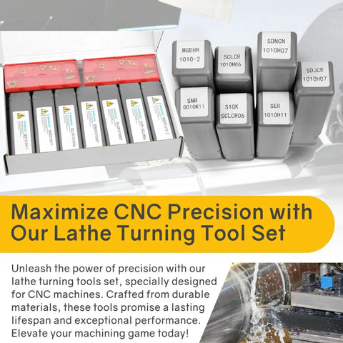 Indexable Lathe Turning Tool Kit With Twenty One Piece Pro Grade Set Featuring Three Eighths Inch And Ten Millimeter Shanks Includes Seven Tool Holders And Fourteen Carbide Turning Inserts For Grooving Threading Boring with kit contents visible in box.