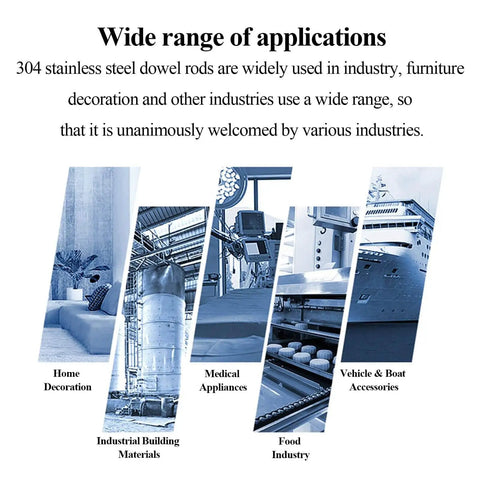 Image showing diverse applications of 304 stainless steel dowel rods in home, medical, industrial, food, and marine sectors.