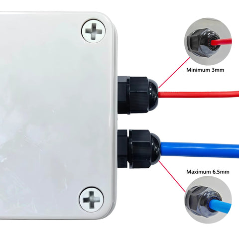 Aandxmok waterproof cable gland PG7 thread 3-6.5mm PA66, two grommets on a metal enclosure with red and blue wires
