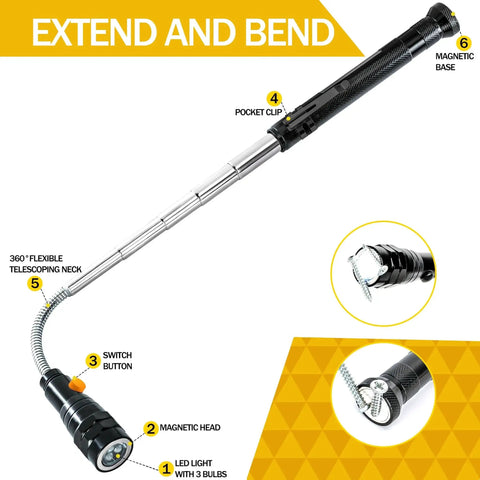 Magnetic Pickup Tool With LED Lights Telescoping Magnet Flashlight For Hard To Reach Places with flexible neck and magnetic head