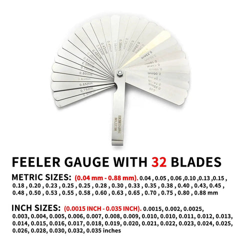 Three Piece Feeler Gauge Set With 32 And 26 Blade Gauges And Offset 16 Blade Gauge Stainless Steel Dual Marked Metric And Imperial Gap Tool
