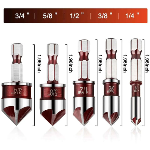 Pro Grade Countersink Drill Bit Set For Wood Metal Plastic With 82 Degree Countersink, Five Flute Bits, Quick Change Hex Shank, Quarter Inch To Three Quarter Inch Range, Five Piece Kit For Clean Burr Free Finishes showing five bits with sizes.